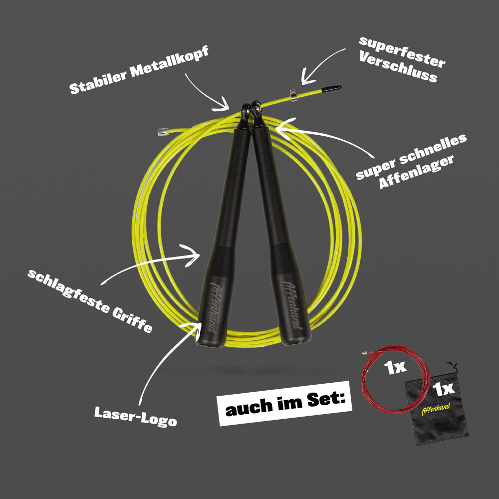 Affenhand Springseil Schwarz-Gelb – mit markierten Features wie Metallkopf, Affenlager und Griffen. Zeigt die Top-Performance des Speed Ropes für intensives Training.