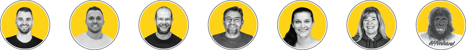 affenhand-team-7 Affenhand Team – sechs Teammitglieder in schwarz-gelben Profilbildern mit Affenhand-Maskottchen.