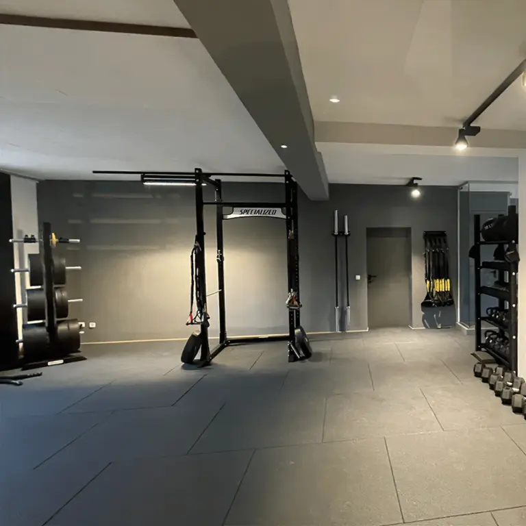 Innenraum eines Gyms mit Rig, Schlingentrainern, Hantelablagen, Kabelzug und durchgehendem Sportboden.