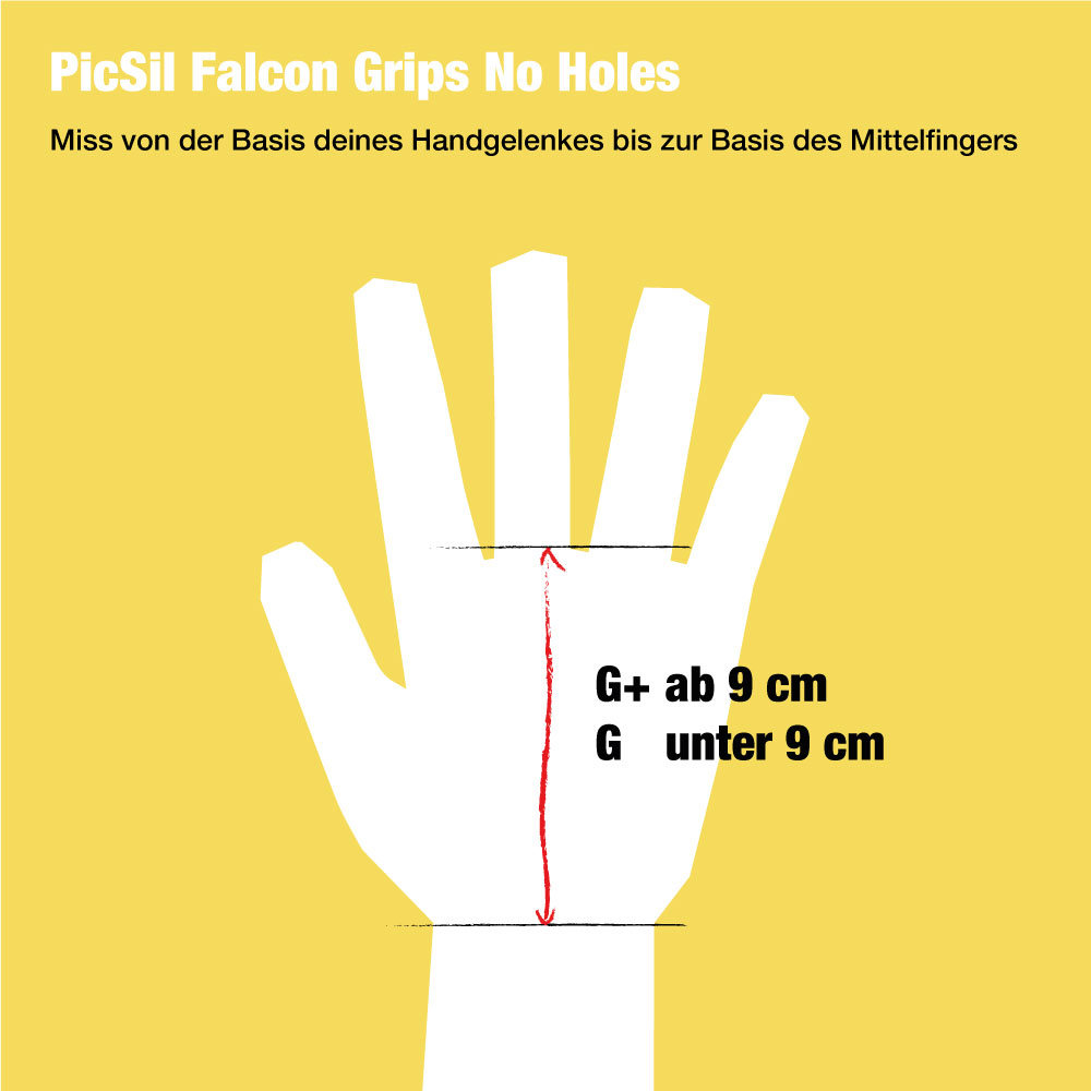 Bildschirm zeigt die Größentabelle für Picsil Falcon No-Holes Grips.