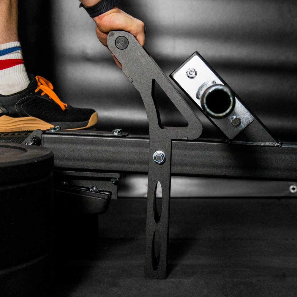 Nahaufnahme der stabilen Sicherungsstütze der Belt Squat Erweiterung.