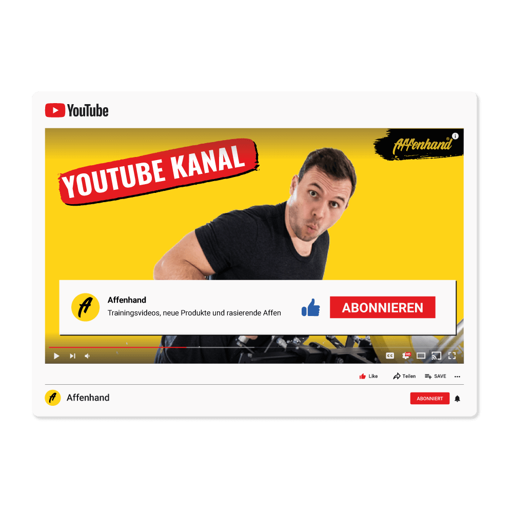 youtube-abonnieren Affenhand® YouTube Kanal – Trainingsvideos, neue Produkte und rasierende Affen im gelb-schwarzen Design.